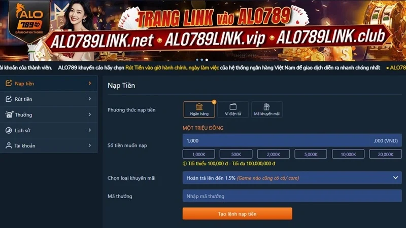 Gửi tiền ALO789 nhanh chóng bằng ngân hàng